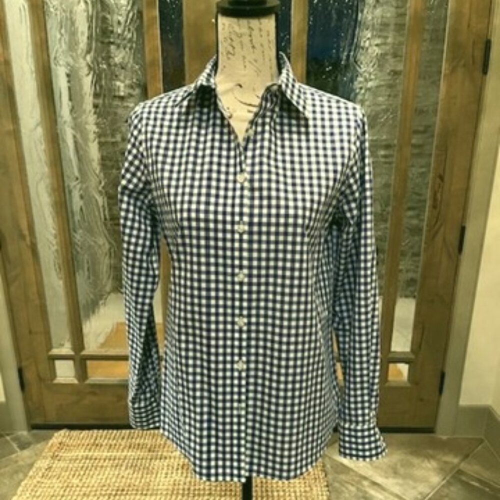 Lands' End No-Iron Supima Cotton Blouse–Blue&White Checked–Size 6